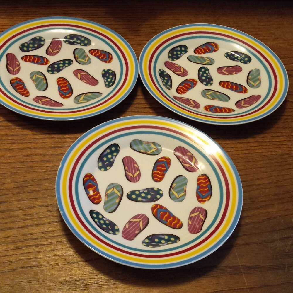 3 Godinger & Co. 7.5" Dessert Plate Flip Flop Design Summer Colorful Dinnerware